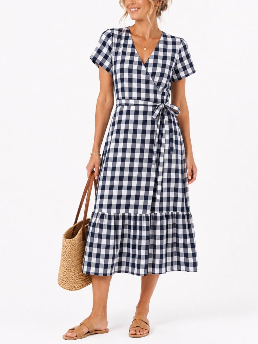 Gap Gingham Wrap Midi Dress Navy White Tie Waist Ruffle Hem Size M